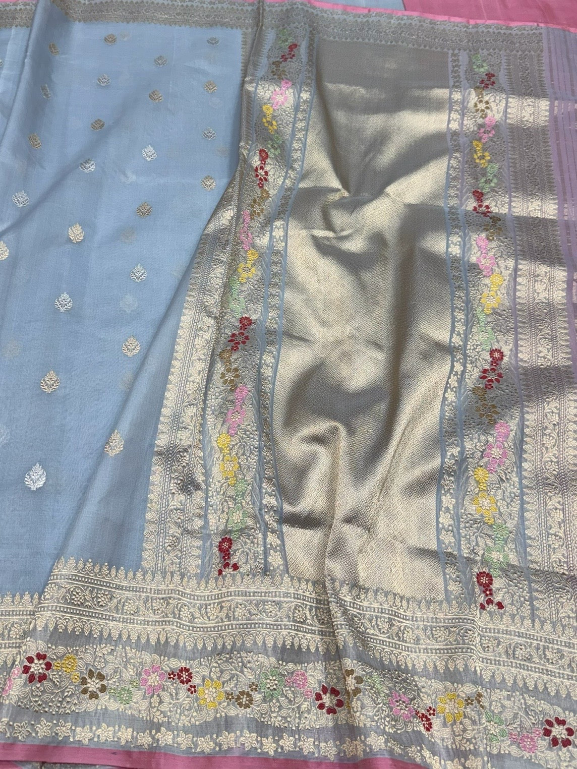 Bluish Grey Handwoven Pure Organza Silk Saree