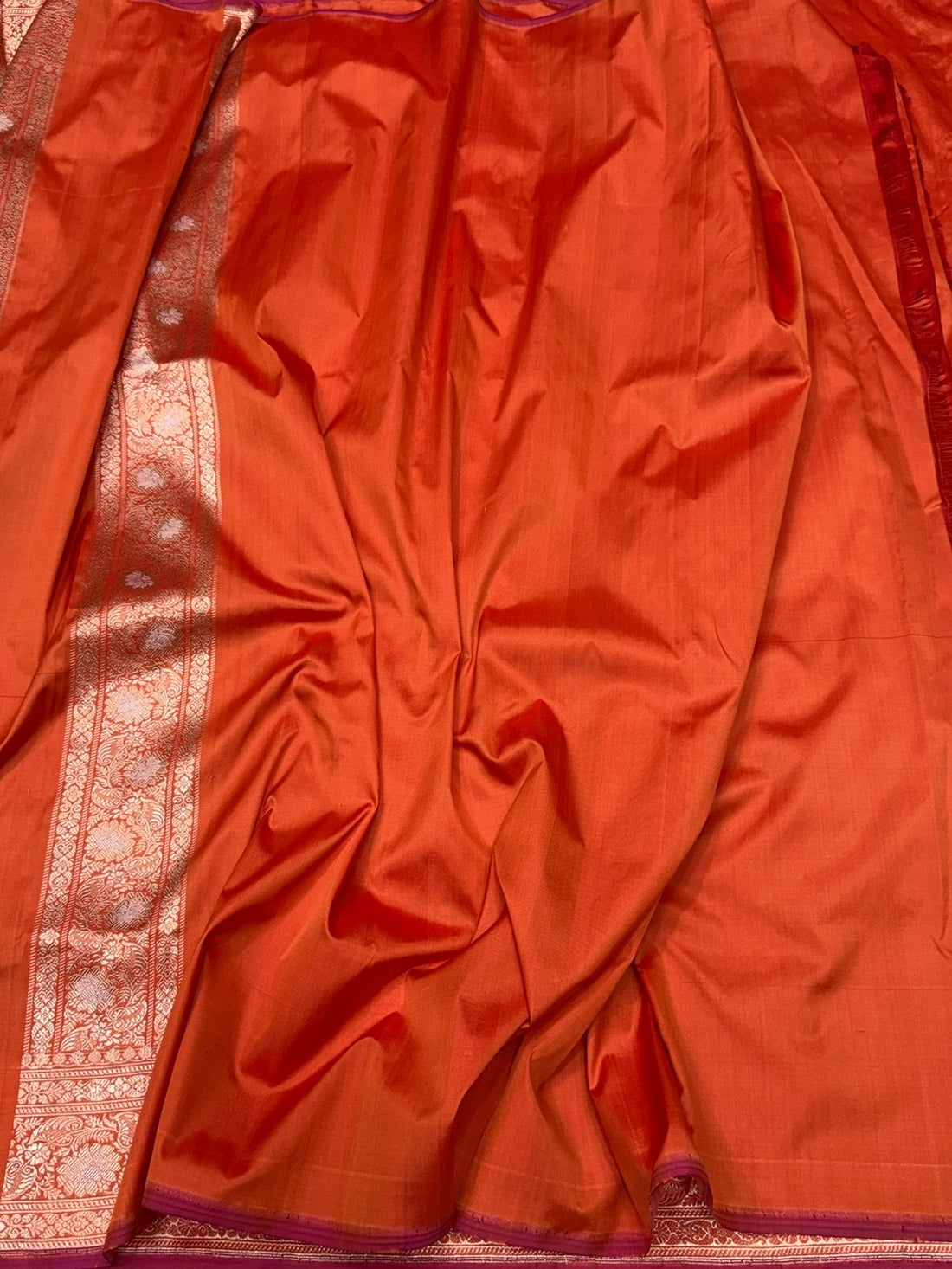 Orange Handwoven Pure Banarasi Silk Saree in Kadwa Weave | Authentic Katan Mulberry Silk