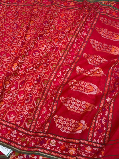 Red Pure Banarasi Kora Jamdani Saree