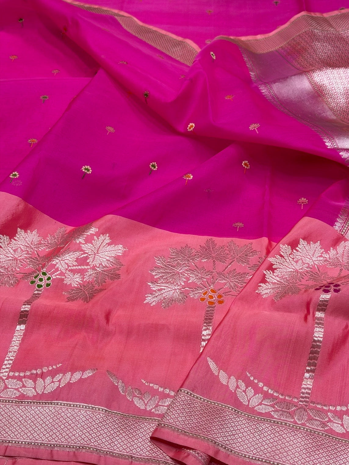 Rani Pink Handwoven Pure Organza Silk Saree in Kadwa Weave | 100% Pure Kora Silk