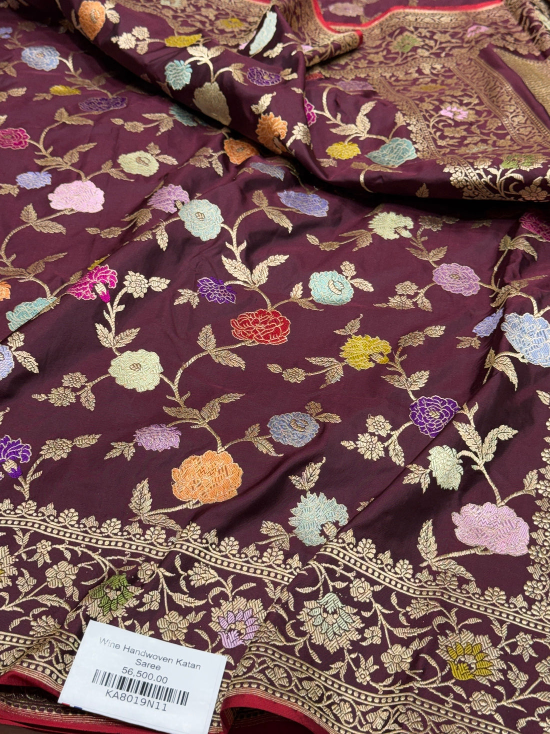 Wine Handwoven Pure Banarasi Silk Saree in Kadwa Weave
