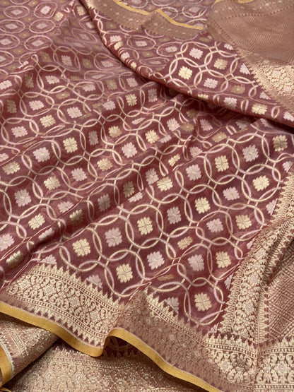 Peach Banarasi Pure Kora Cotton Saree