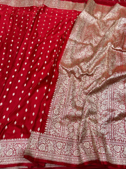 Red Handwoven Vintage Pure Banarasi Satin Silk Saree – Cutwork Weave, Pure Satin Silk