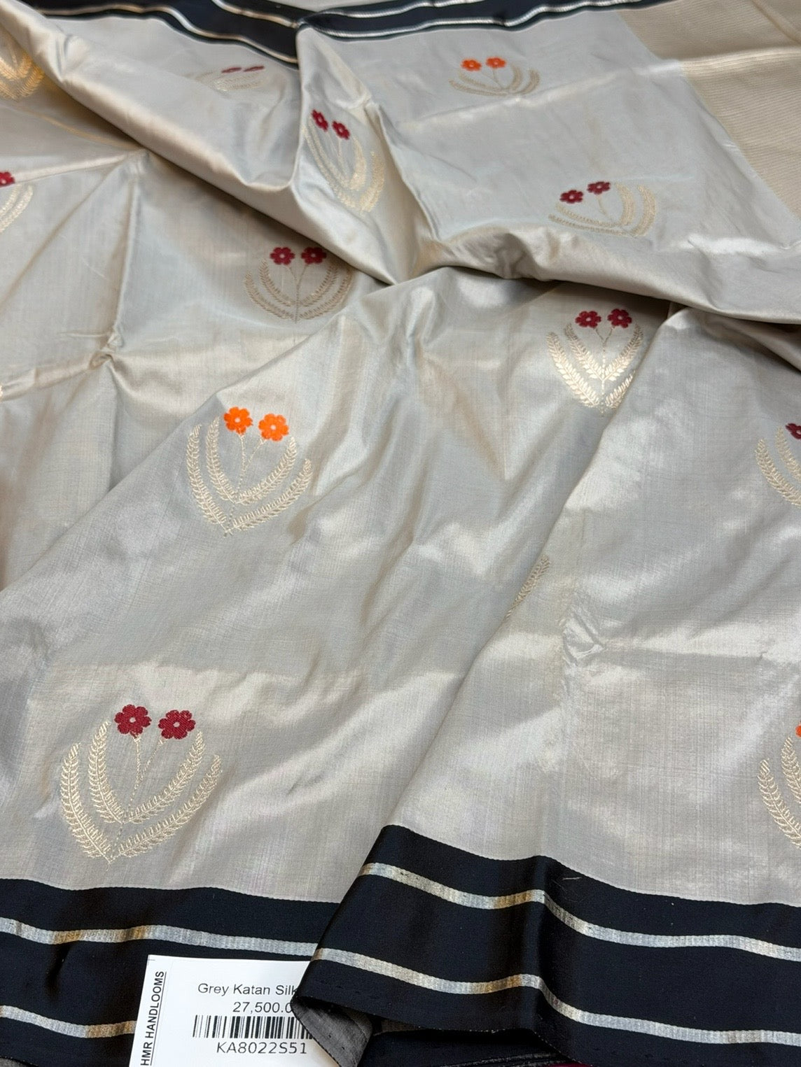 Grey Handwoven Pure Banarasi Katan Silk Saree with Satin Border
