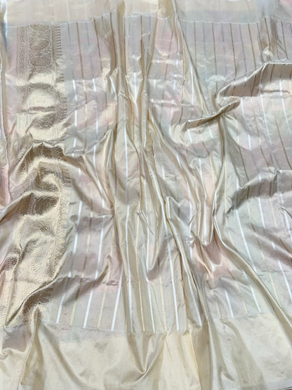 Ivory Handwoven Pure Banarasi Rangkaat Silk Saree – Pure Katan Silk