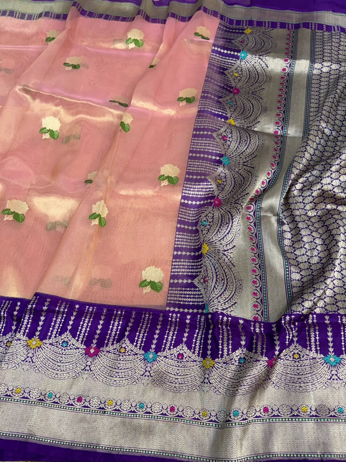 Peach Handwoven Pure Banarasi Tissue Saree