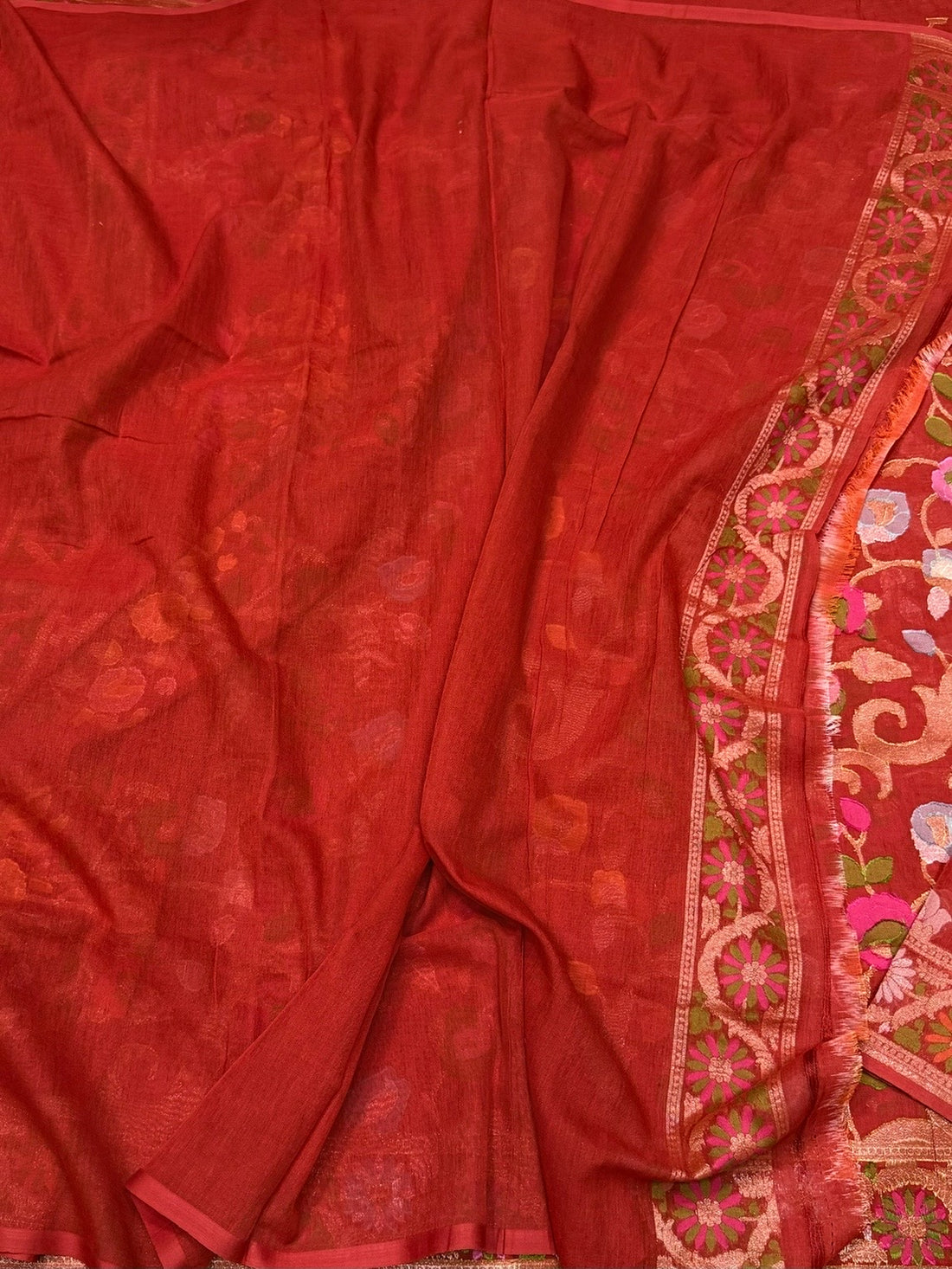 Red Pure Muslin Cotton Jamdani Saree