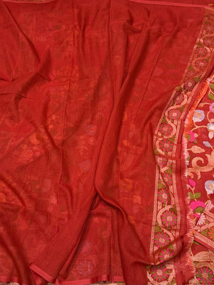 Red Pure Muslin Cotton Jamdani Saree