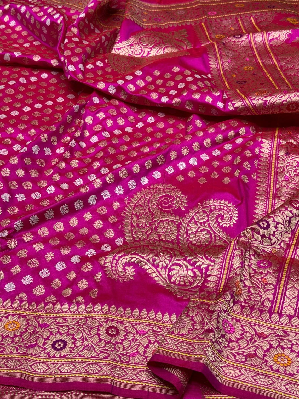Rani Pink Handwoven Pure Banarasi Silk Saree – Kadwa Weave in 100% Katan Mulberry Silk