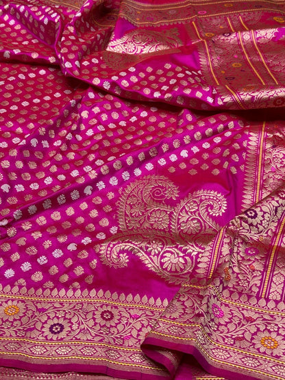 Rani Pink Handwoven Pure Banarasi Silk Saree – Kadwa Weave in 100% Katan Mulberry Silk