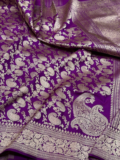 Purple Handwoven Pure Banarasi Silk Saree – Kadwa Weave in 100% Katan Mulberry Silk