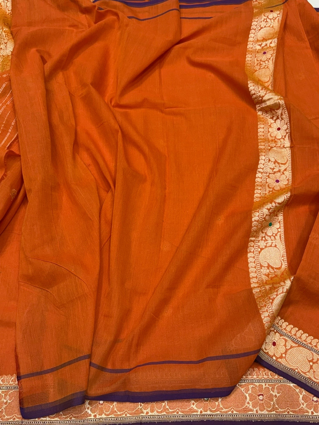 Orange Handwoven Banarasi Pure Cotton Saree ￼