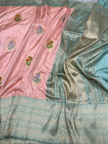 Peach Handwoven Pure Banarasi Ektara Silk Saree – Kadwa Iktara Weave, Pure Mulberry Silk
