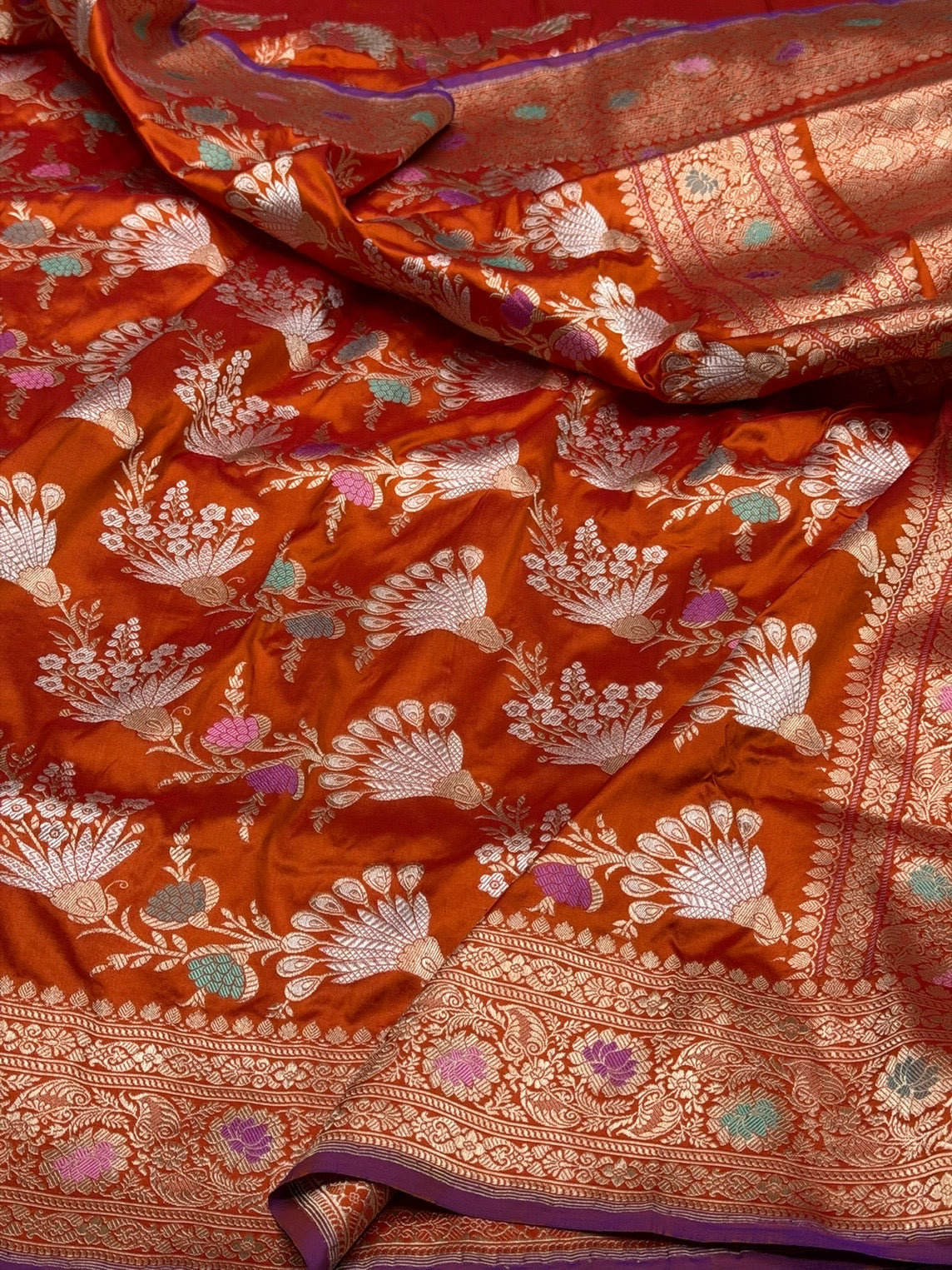 Orange Handwoven Pure Banarasi Silk Saree in Kadwa Weave | Authentic Katan Mulberry Silk