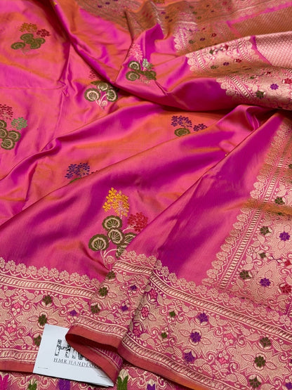 Orangish Pink Handwoven Pure Banarasi Ektara Silk Saree