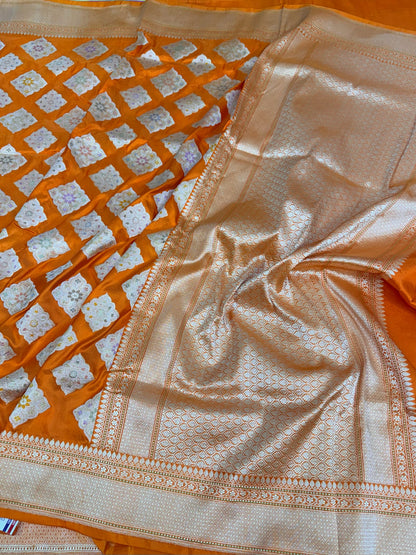 Orange Handwoven Pure Katan Silk Banarasi Saree