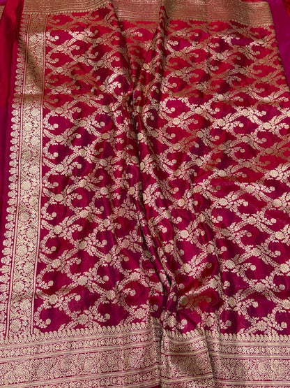 Red Handwoven Vintage Pure Banarasi Satin Silk Saree