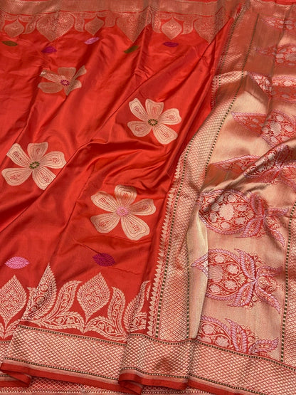 Orange Handwoven Pure Banarasi Ektara Silk Saree