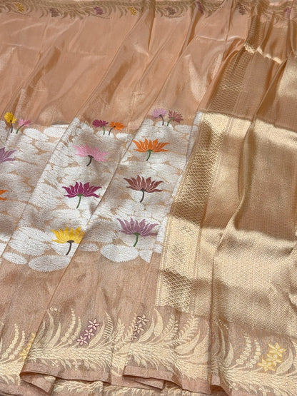 Champagne Beige Handwoven Pure Banarasi Tissue Silk Saree – Kadwa Lotus Motif | Authentic Katan Tissue Handloom