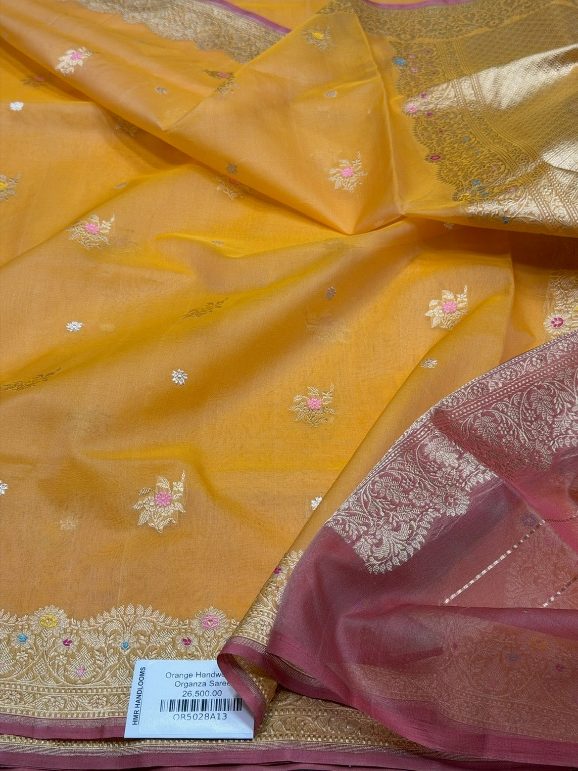 Orange Handwoven Banarasi Pure Organza Silk Saree