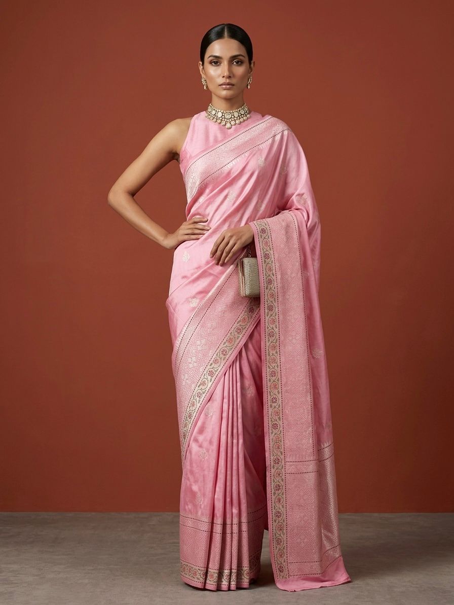 Baby Pink Handwoven Pure Banarasi Ektara Silk Saree – Kadwa Iktara Weave