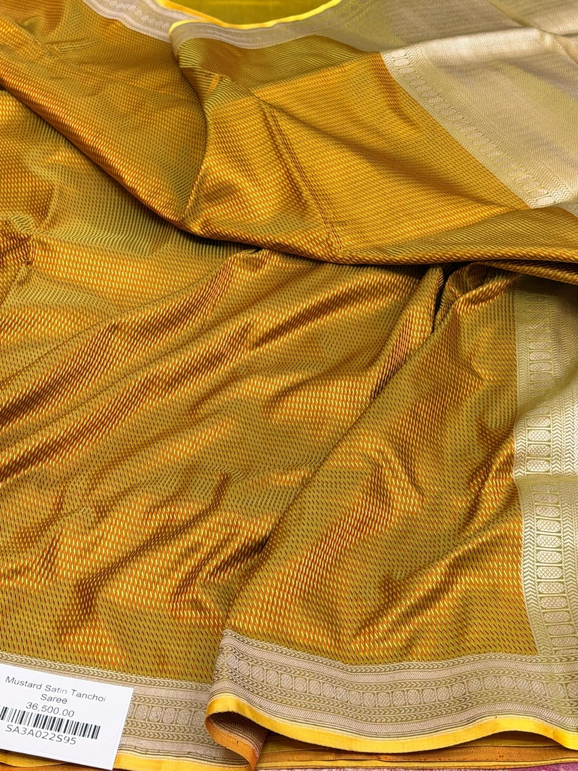 Mustard Yellow Handwoven Pure Banarasi Satin Tanchoi Silk Saree