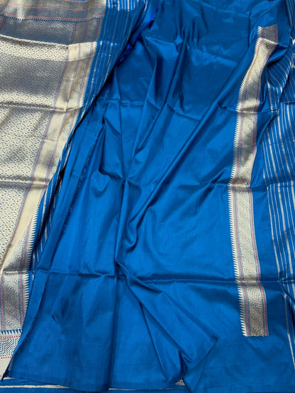German Blue Handwoven Pure Banarasi Silk Saree in Kadwa Weave | Authentic Katan Mulberry Silk