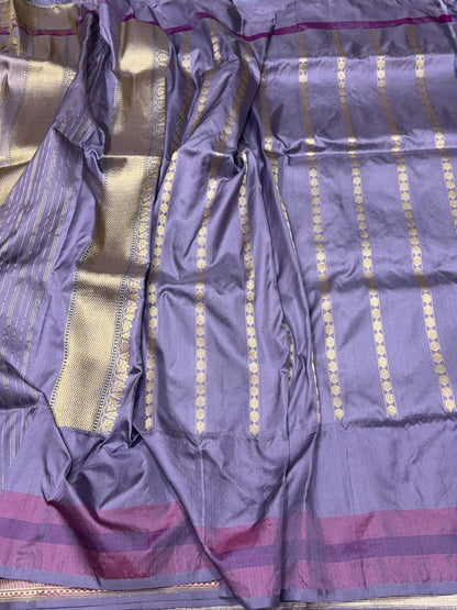 Bluish Grey Handwoven Pure Banarasi Ektara Organza Silk Saree – Kadwa Weave in Kora Mulberry Silk