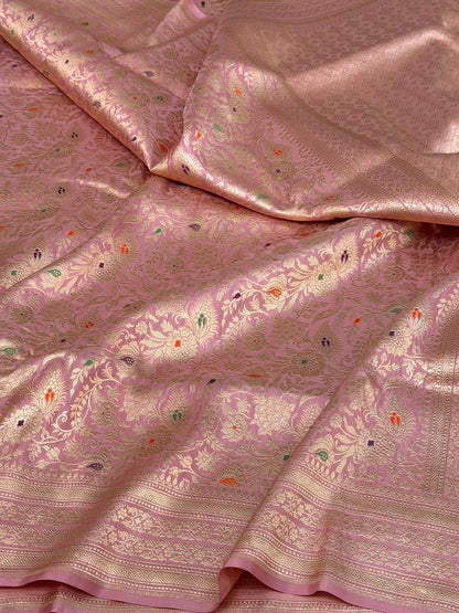 Powder Pink Banarasi Minakari Pure Katan Silk Brocade Saree