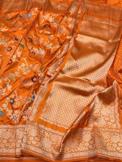 Orange Handwoven Banarasi Ektara Pure Silk Saree – Luxury Kadwa Handloom Wedding &amp; Festive Saree