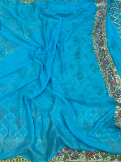 Sky Blue Pure Banarasi Chiffon Georgette Saree