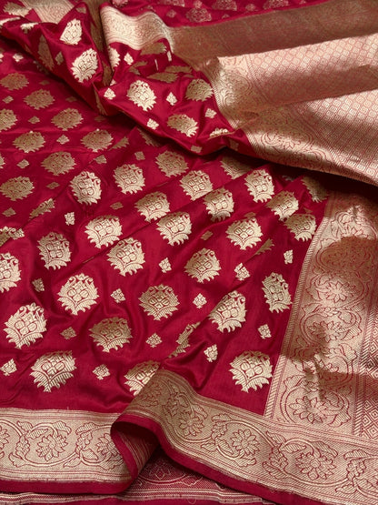 Red Handwoven Pure Banarasi Silk Saree – Kadwa Weave in 100% Katan Silk