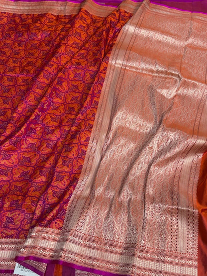 Orange Handwoven Pure Banarasi Satin Tanchoi Silk Saree
