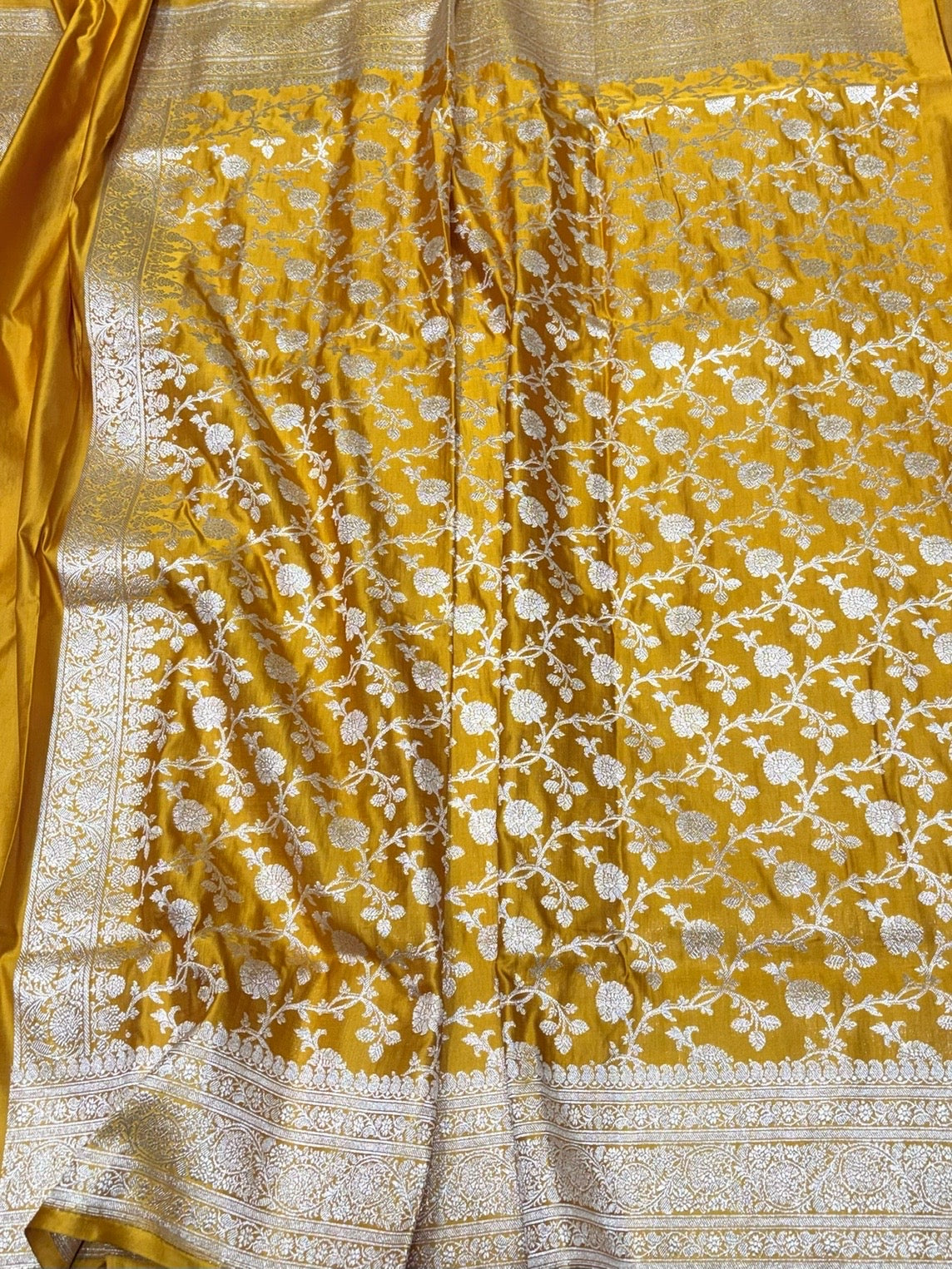 Yellow Vintage Banarasi Pure Satin Silk Brocade Saree – Luxury Cutwork Wedding &amp; Festive Saree