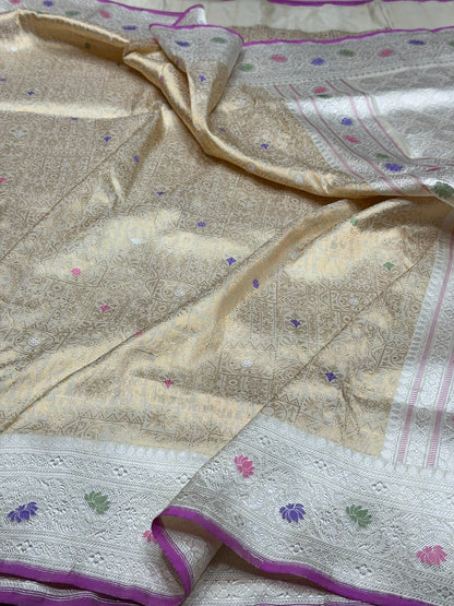 Cream Handwoven Pure Banarasi Tissue Silk Saree – Kadwa Weave in 100% Ektara Tissue Silk