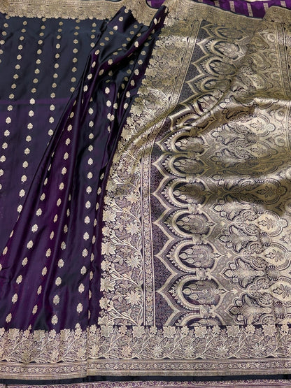 Wine Handwoven Vintage Pure Banarasi Satin Silk Saree