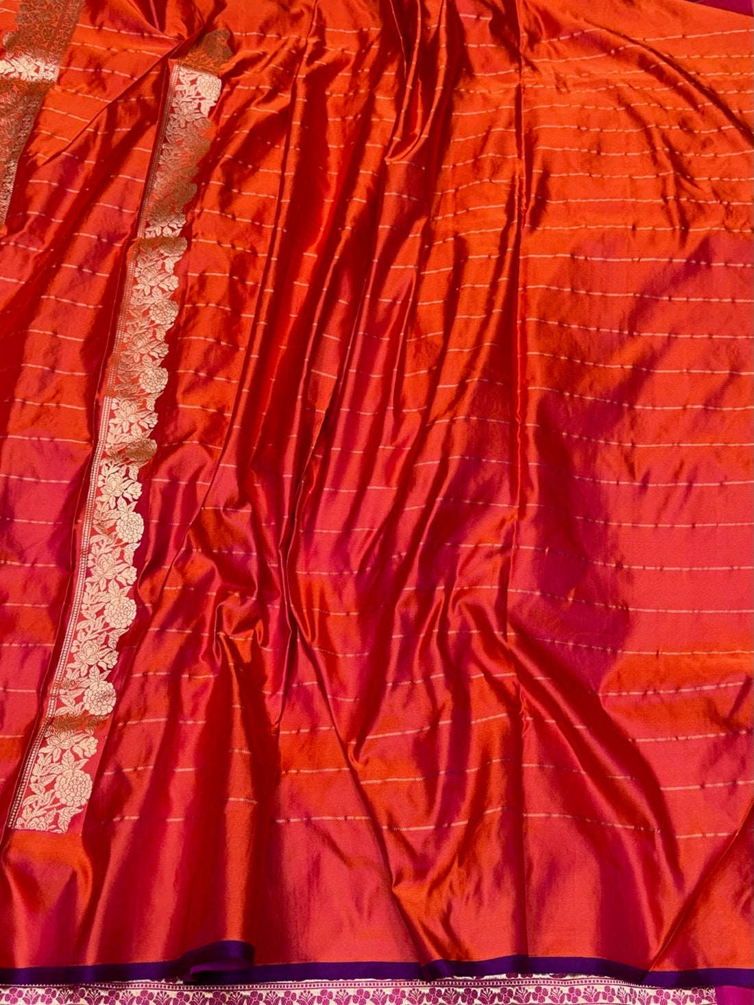 Orange Handwoven Pure Banarasi Satin Silk Saree – Kadwa Weave | 100% Pure Satin Silk | Authentic Banaras Handloom