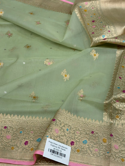 Pista Green Handwoven Banarasi Pure Organza Silk Saree – Luxury Kadwa Handloom Saree