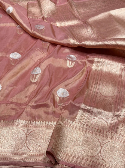 Rose Gold Pink Handwoven Pure Banarasi Tissue Silk Saree – Kadwa Weave | Lightweight Katan-Tissue Silk | Modern Skirt Design