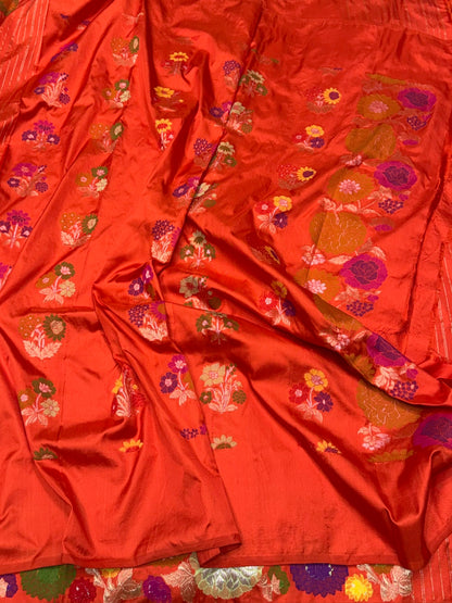 Orange Pure Banarasi Ektara Silk Saree – Handwoven Kadwa Booti