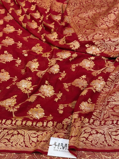 Red Handwoven Katan Georgette Saree