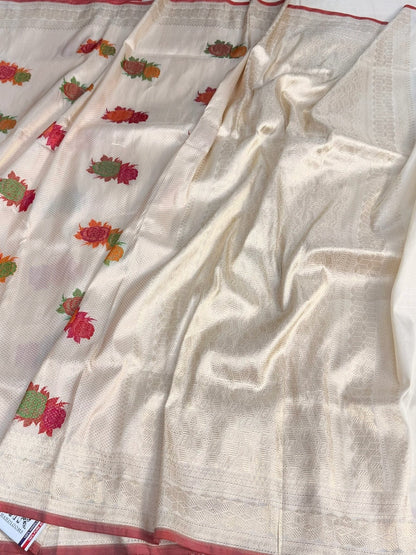 Ivory Handwoven Pure Banarasi Brocade Silk Saree