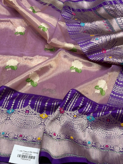 Purple Handwoven Pure Banarasi Tissue Saree