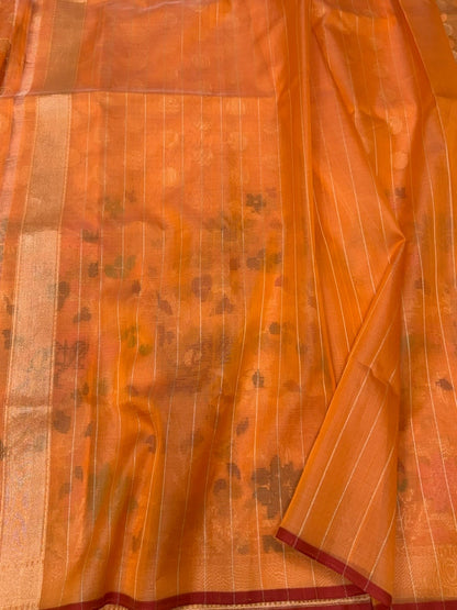 Peach Orange Banarasi Pure Organza Jamdani Saree