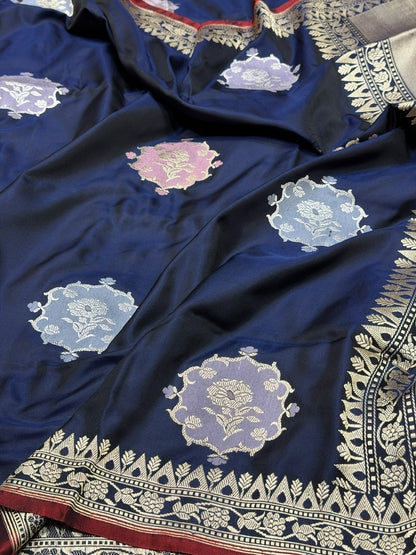 Navy Blue Handwoven Pure Banarasi Ektara Silk Saree – Luxury Kadwa Weave