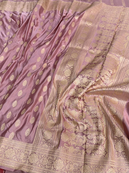 Dusty Pink Handwoven Vintage Banarasi Pure Satin Silk Saree