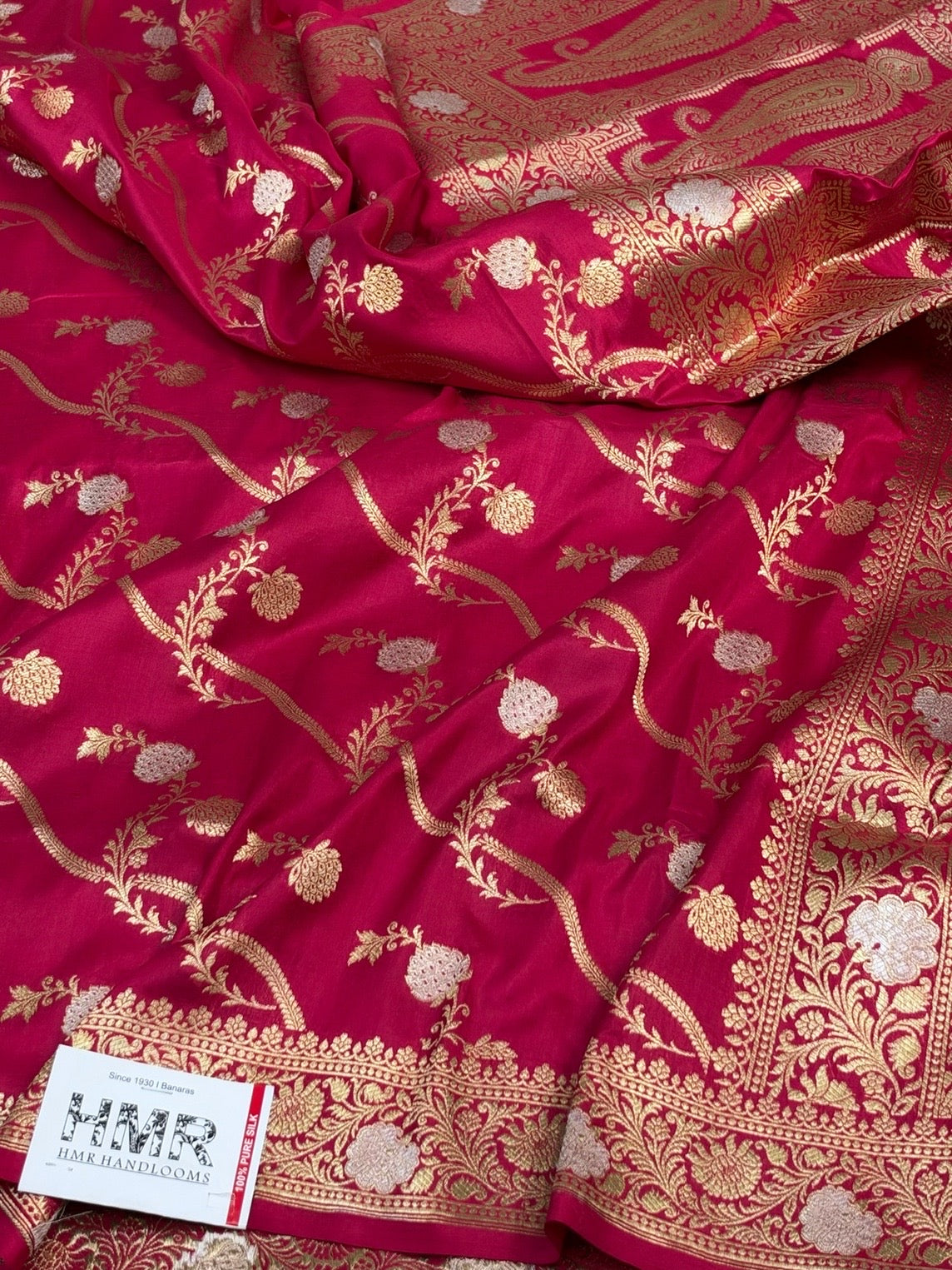 Pinkish Red Banarasi Sona Rupa Pure Katan Silk Saree