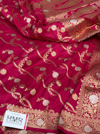Pinkish Red Banarasi Sona Rupa Pure Katan Silk Saree
