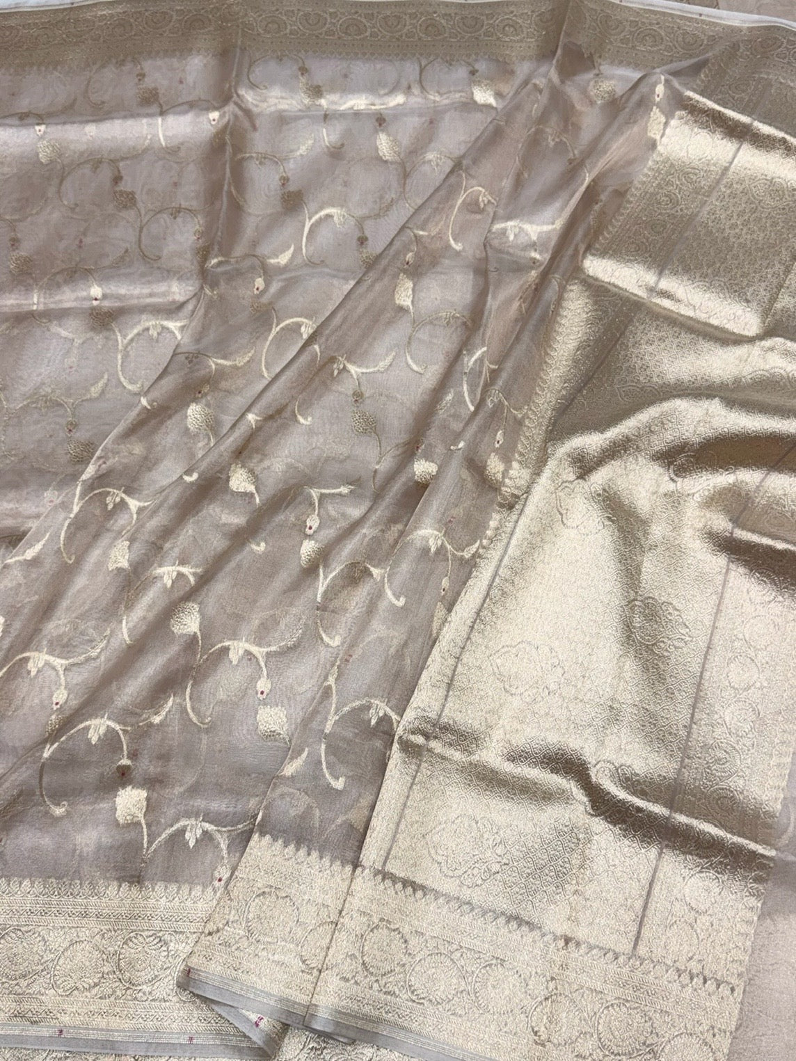 Champagne Gold Pure Banarasi Tissue Silk Saree Pure Kora Tissue
