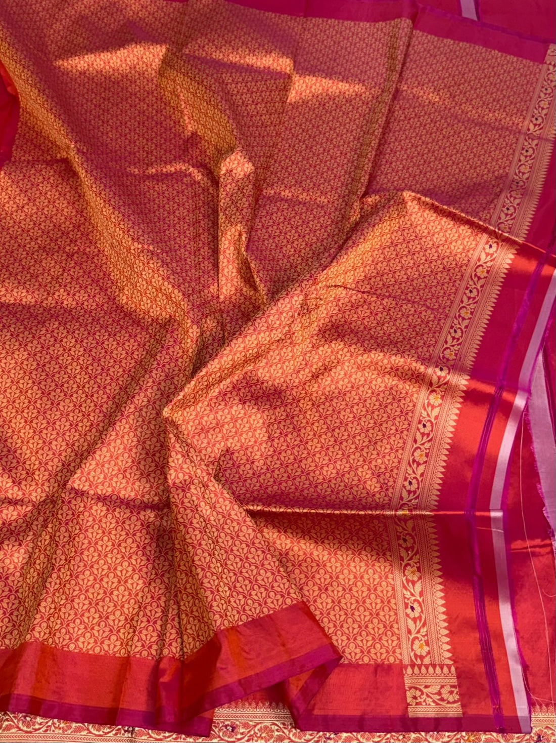 Orangish Pink Banarasi Pure Katan Silk Saree